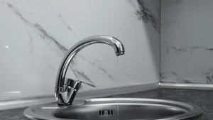 Close-up of a kitchen faucet dripping water into a sink after being turned off