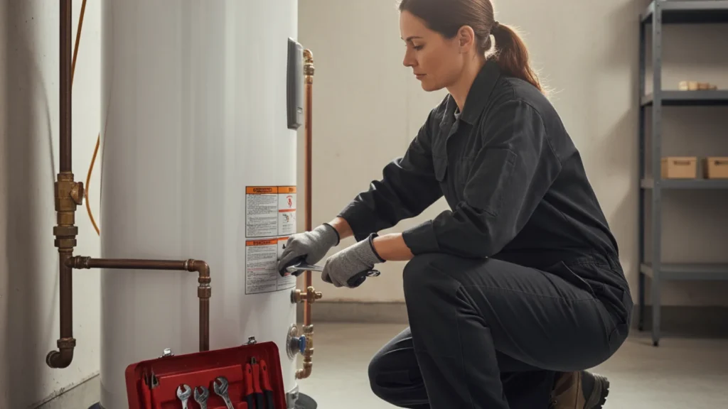 Plumber inspecting water heater for signs of failure
