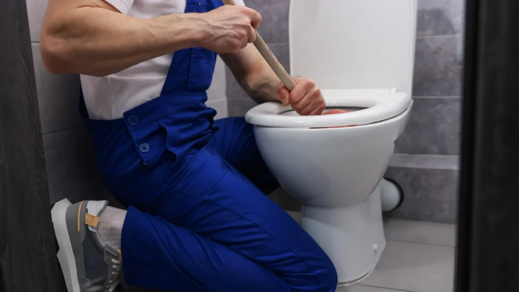 Plumber unclogging a clogged toilet