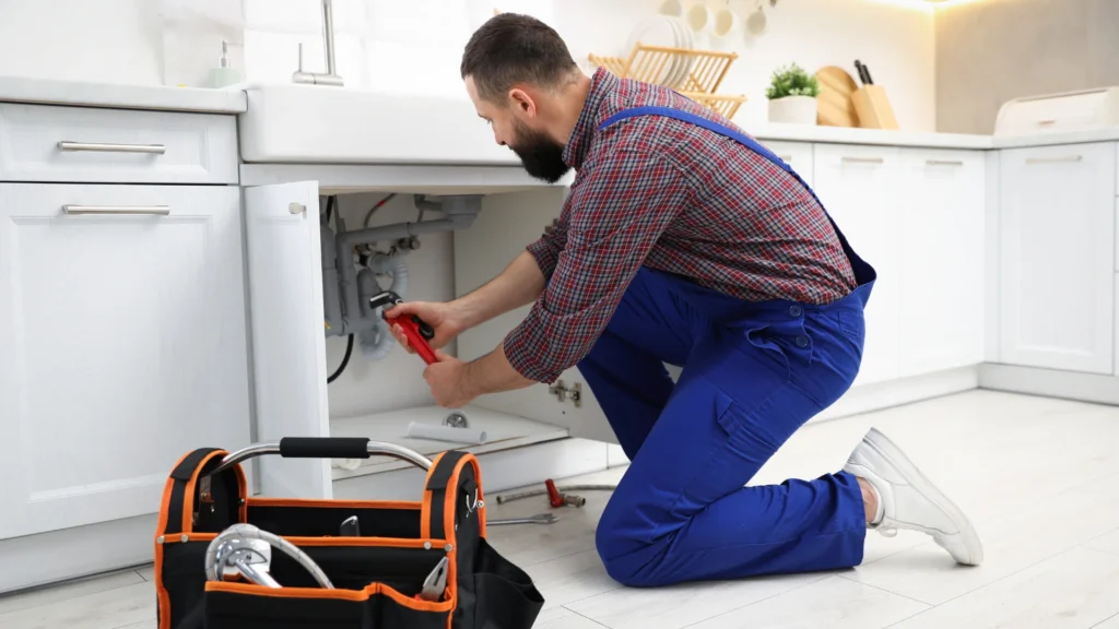 Plumber holding a wrench while inspecting the sink drain
