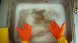 Kitchen sink draining slowly with standing water