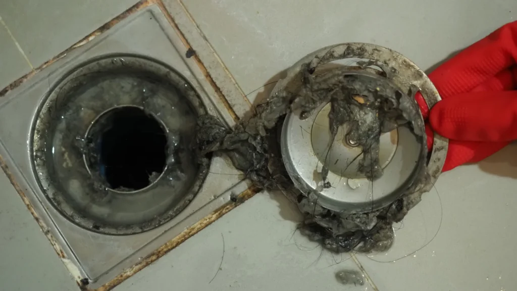 Shower drain with buildup causing bad odor