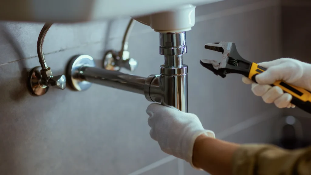 Plumber inspecting pipes under a sink for early plumbing issues
